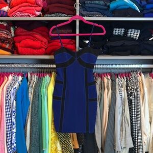 MM Couture Blue and Black strappy body con Dress size M NWT